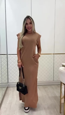 Vestido longo casual basico feminino ribana canelada manga muscle moda gringa preto marrom plus size