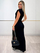 Vestido longo casual basico feminino ribana canelada manga muscle moda gringa preto marrom plus size